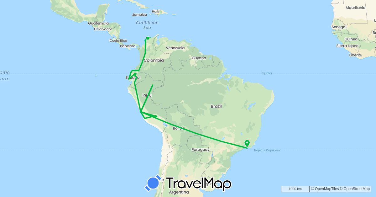 TravelMap itinerary: driving, bus, boat in Brazil, Colombia, Ecuador, Peru (South America)
